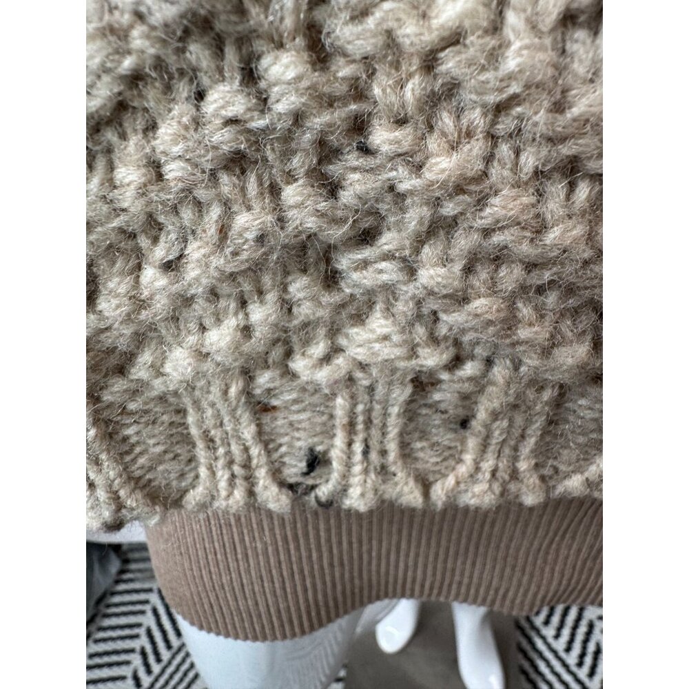 Vintage 80s Beige Chunky Knit Wool Turtleneck Sweater Textured Ribbed Long Sleev - Picture 4 of 12